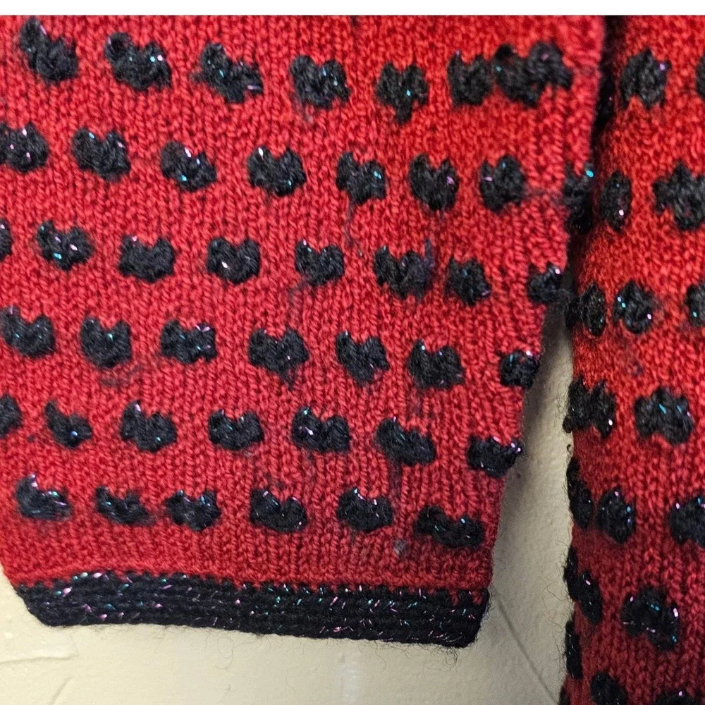 Vintage‎ Red Black Metallic Knit Cardigan Sweater Polka Dot Button Front Shimmer
